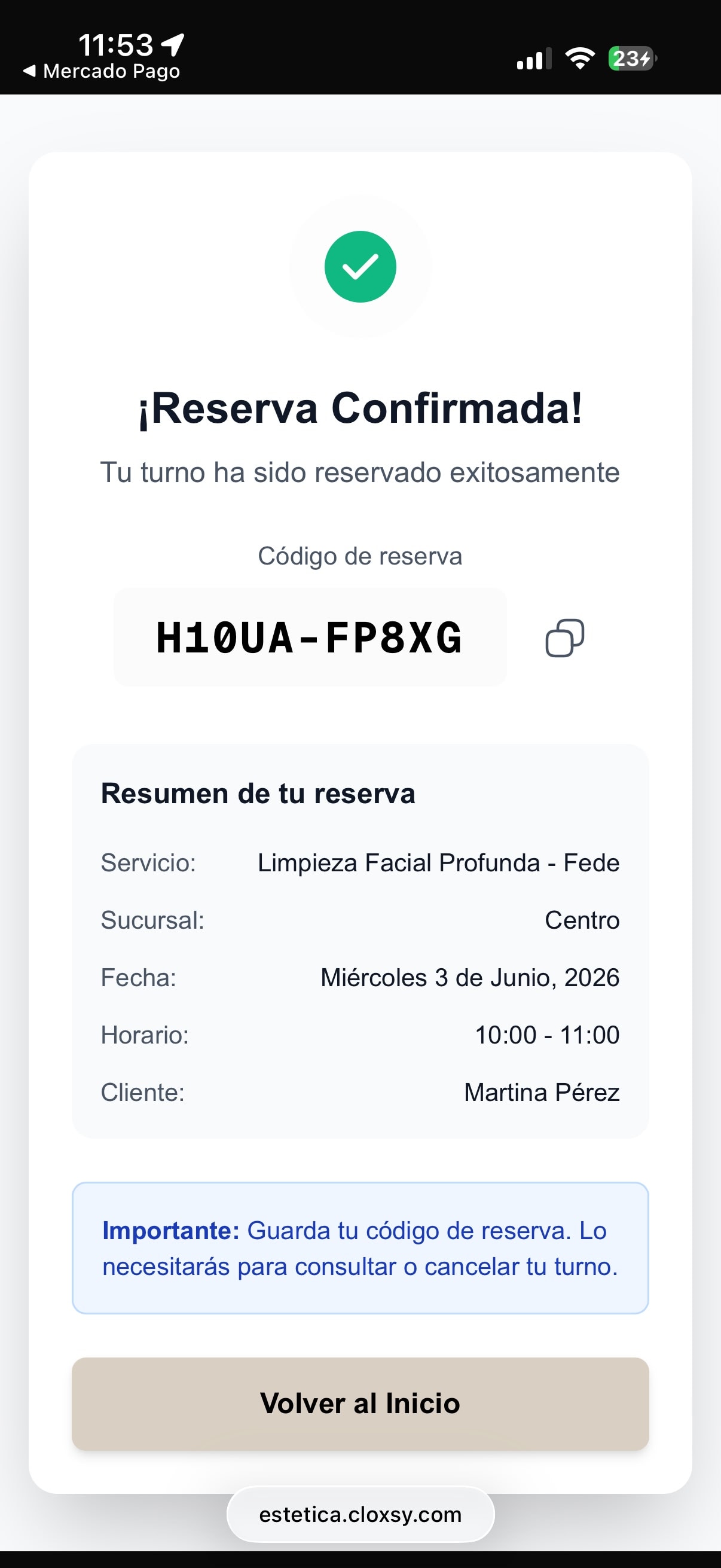 Confirmación de turno en la app de reservas Cloxsy