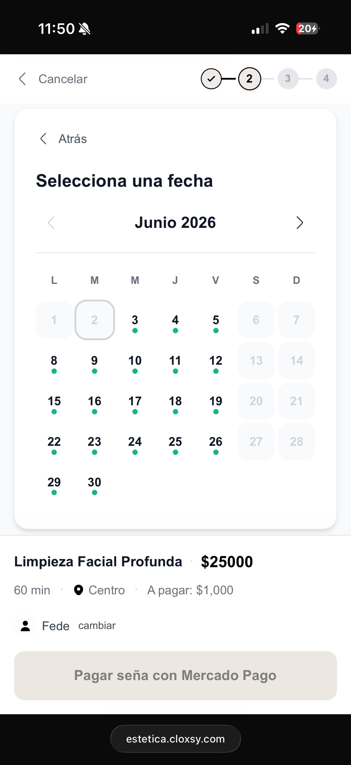 Selección de fecha y profesional en la app de reservas Cloxsy