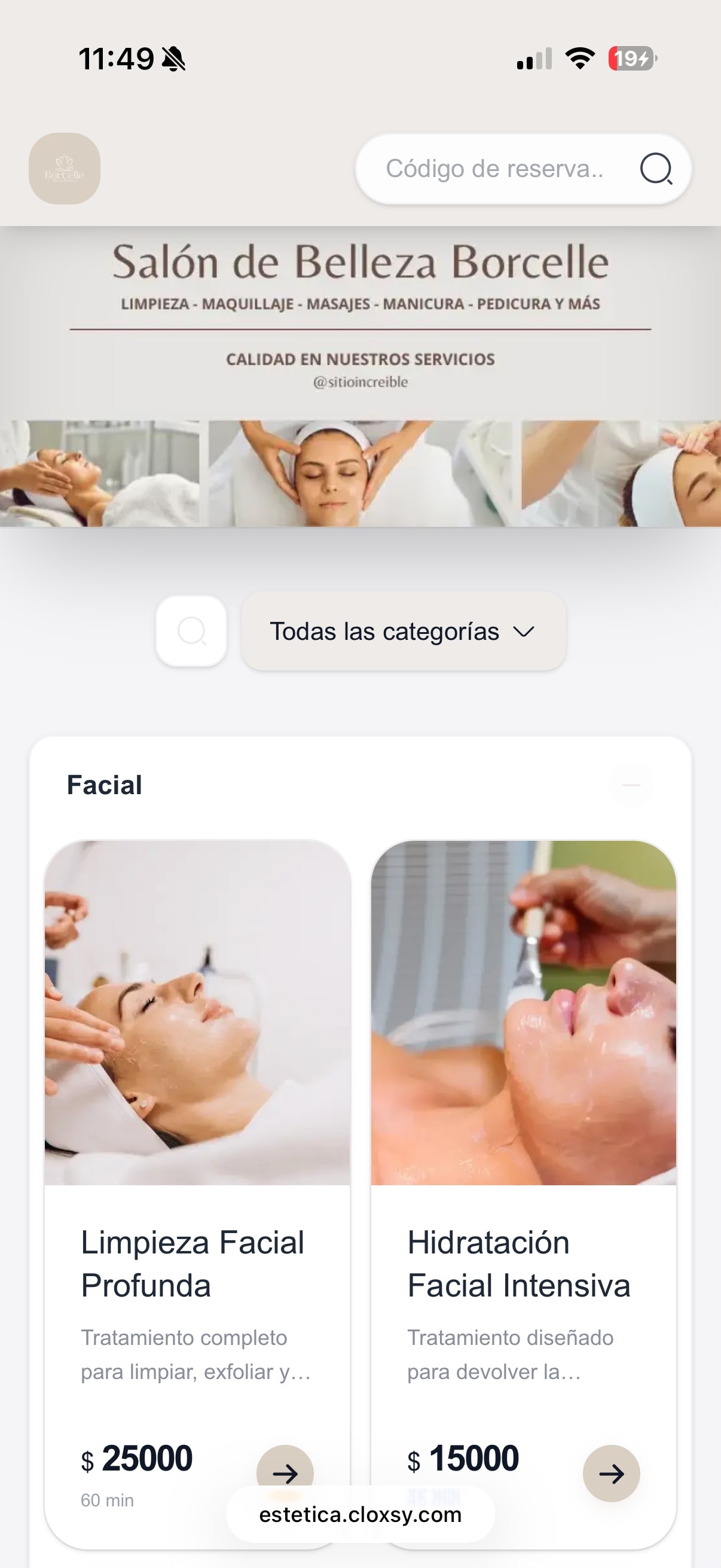 Selección de servicio en la app de reservas Cloxsy