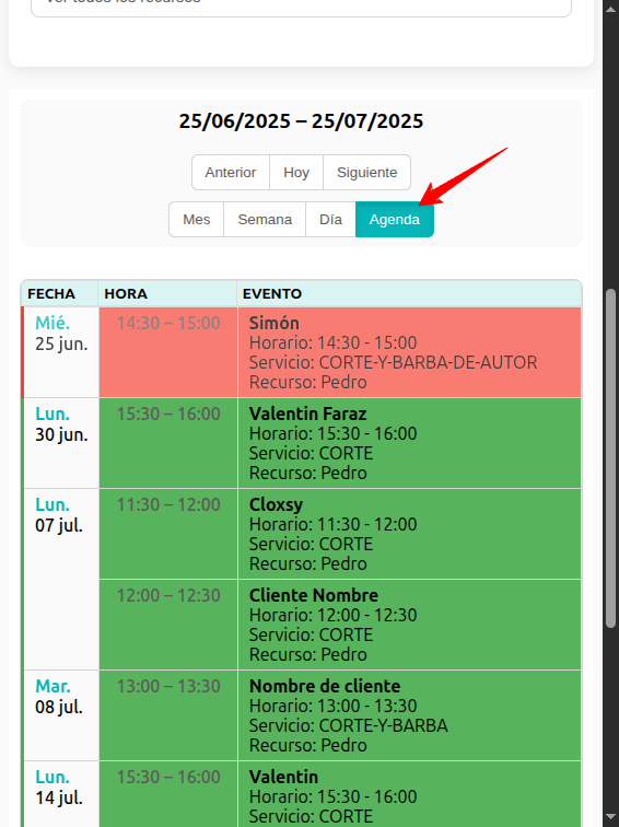 Vista de agenda en móvil