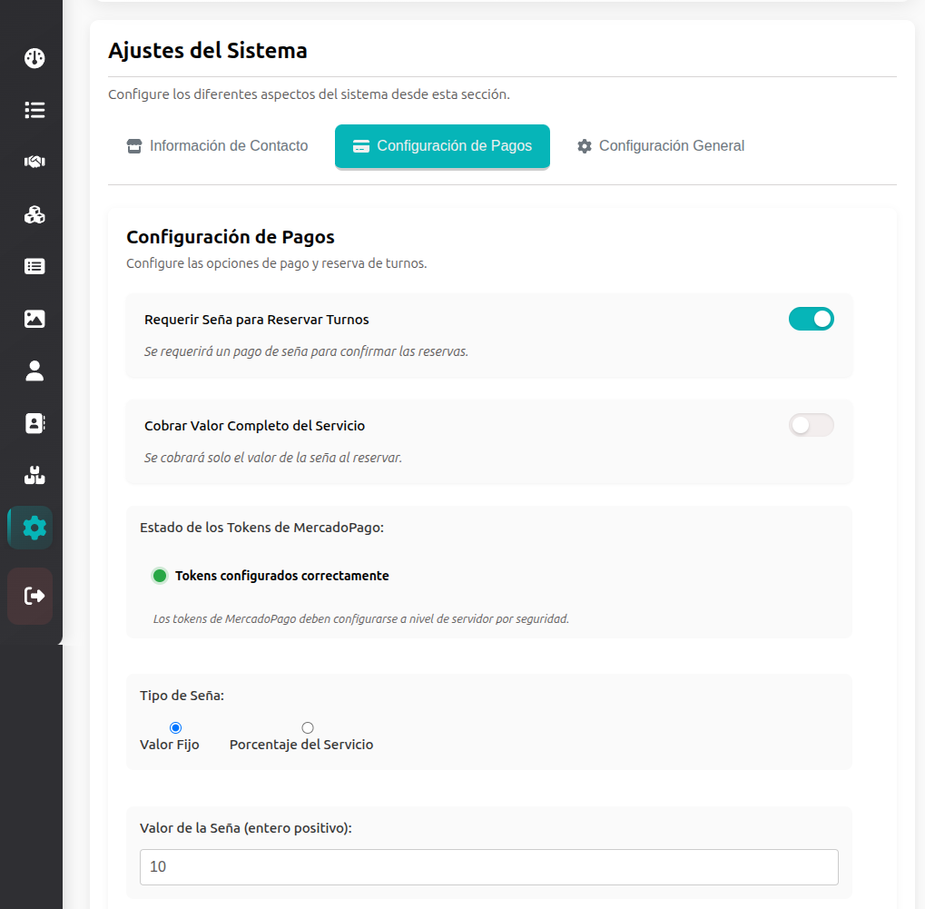 Configuración de pagos y señas